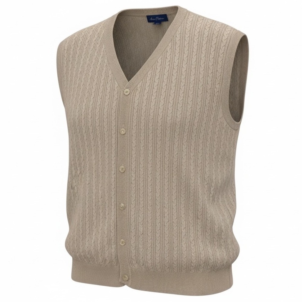 Alan Flusser Mens 2XL Beige Silk Cotton Cable Knit Button Front Cardigan Vest